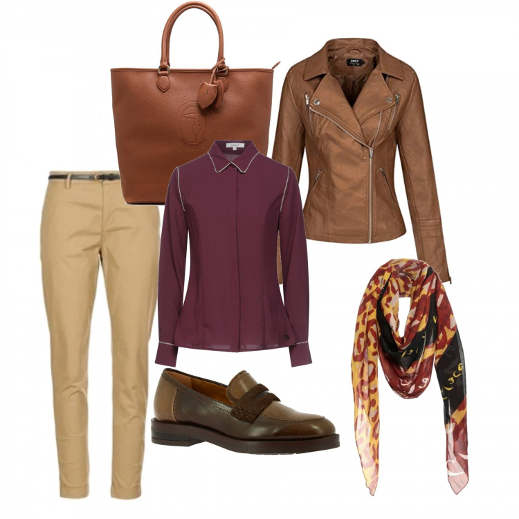 Outfit donna - Giacca in pelle. Stile Casual chic per Scuola/Università. Abbinamento con camicie, sciarpe, mocassini, pantaloni chino, shopping bag, giacche.