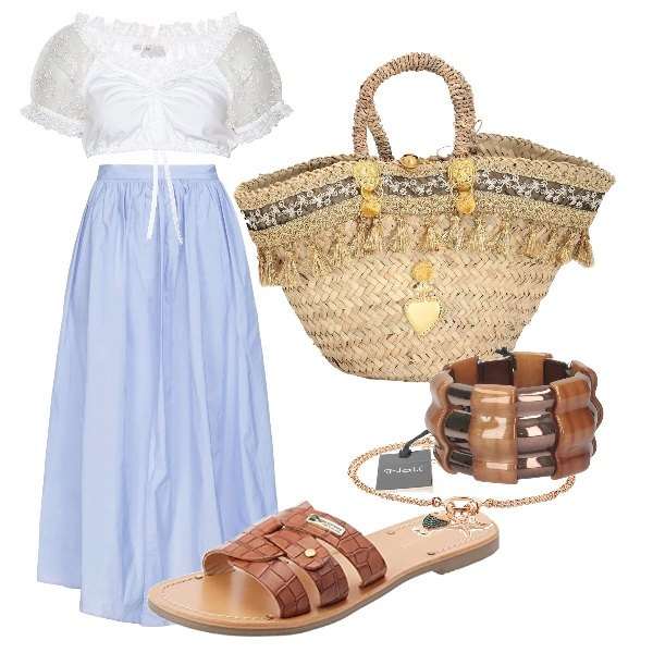 Outfit donna - Boho #992. Stile Boho per Mare. Abbinamento con camicie, gonne lunghe, braccialetti, borse a mano, braccialetti, ciabatte.