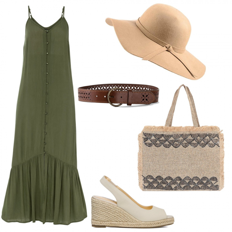 Outfit donna - Total look #1111726. Stile Basic per Mare. Abbinamento con vestiti lunghi, cinture, shopping bag, sandali col tacco, cappelli.