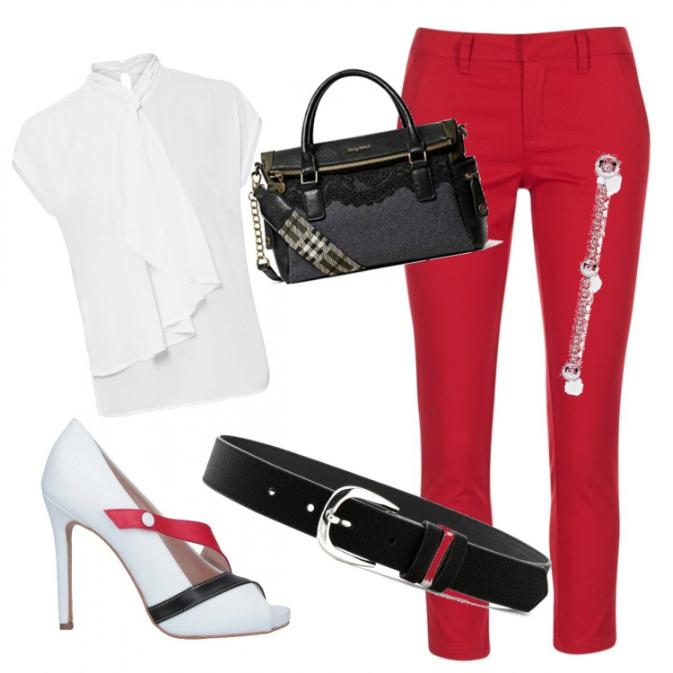 Outfit donna - Red passion. Stile Chic per Serata fuori. Abbinamento con cinture, vestiti, décolleté, pantaloni chino, orecchini, borse a mano.