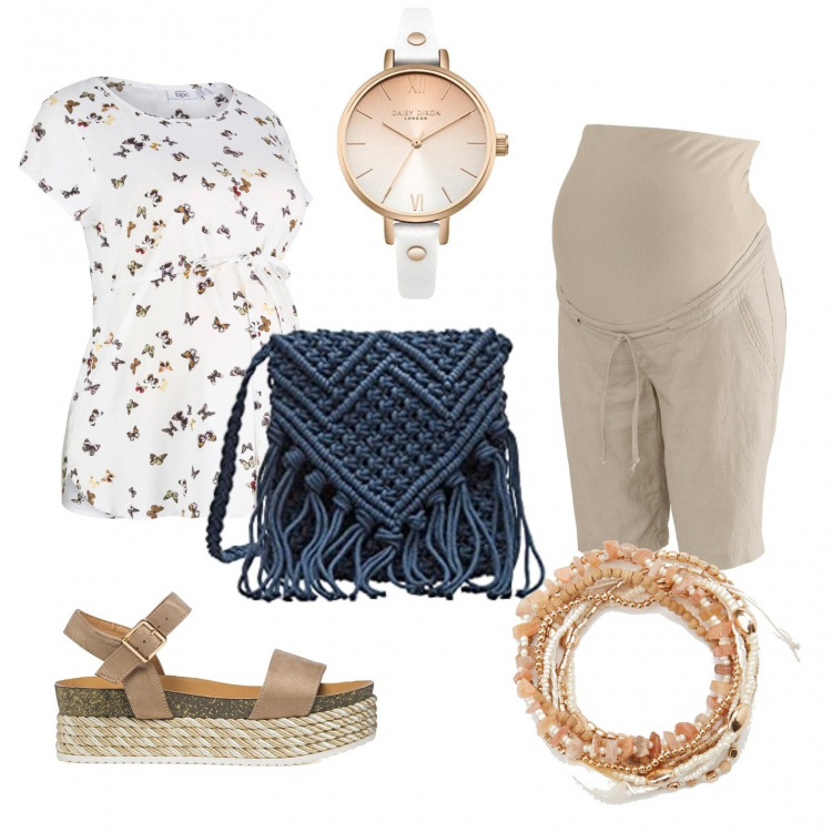 Outfit donna - 25 sett. e shopping sei mio. Stile Casual per Tutti i giorni. look ideale per Premaman. Abbinamento con bluse, pantaloni corti, braccialetti, sandali col tacco, borse a tracolla, orologi.