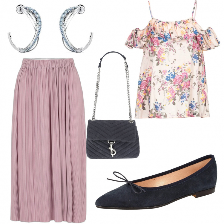 Outfit donna - Total look #1112246. Stile Romantica per Ufficio. Abbinamento con bluse, borse a spalla, ballerine, gonne longuette, orecchini.