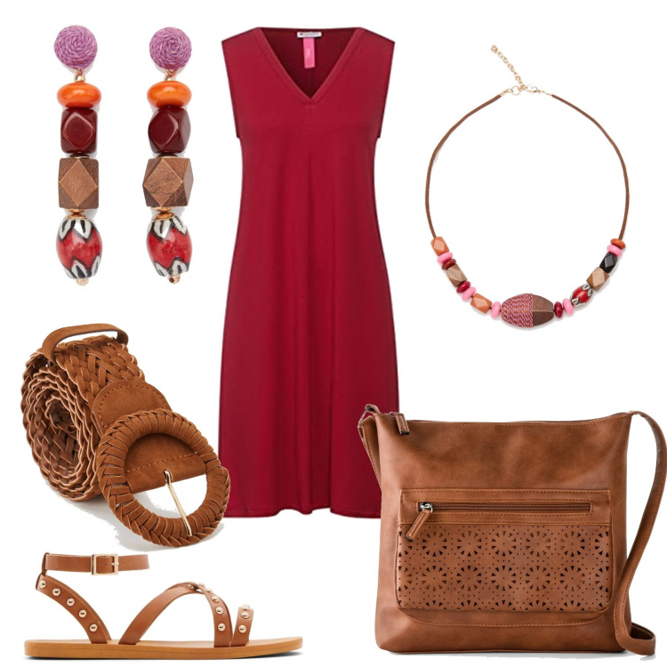 Outfit donna - Dettagli etnici per la città. Stile Trendy per Tutti i giorni. Abbinamento con borse a tracolla, cinture, orecchini, collane, sandali in pelle, vestiti lunghi.
