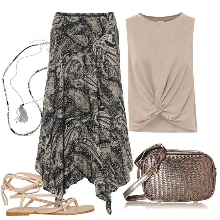 Outfit donna - Aperitivo con le amiche. Stile Etnico per Tutti i giorni. Abbinamento con gonne longuette, top, sandali, borse a tracolla, collane.