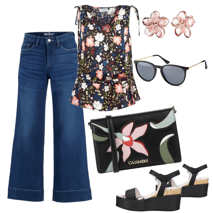 Outfit donna - Total look. Stile Urban per Tutti i giorni. Abbinamento con jeans a zampa, sandali col tacco, borse a tracolla, camicie, occhiali da sole, orecchini.