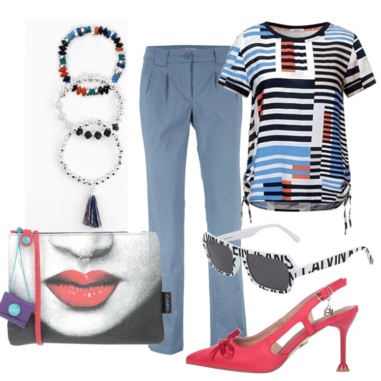 Outfit donna - Chino pants e grafismi. Stile Glamour per Tutti i giorni. Abbinamento con pantaloni chino, braccialetti, décolleté, borse a mano, camicie a manica corta, occhiali da sole.