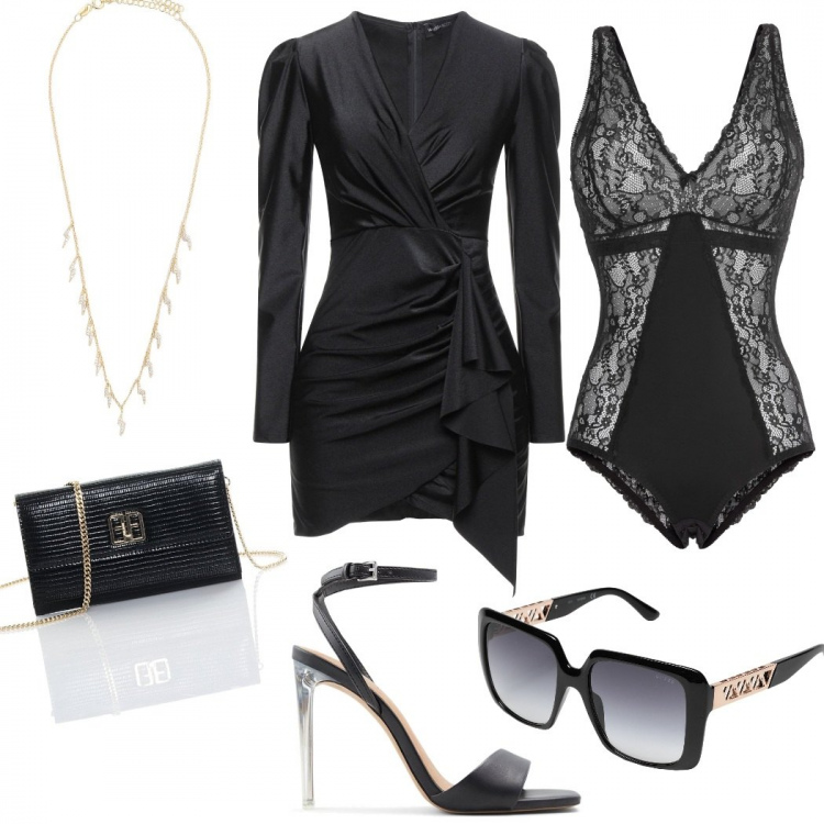 Outfit donna - Portami fuori. Stile Glamour per Serata fuori. Abbinamento con body, vestiti corti, occhiali da sole, collane, portafogli, sandali in pelle.