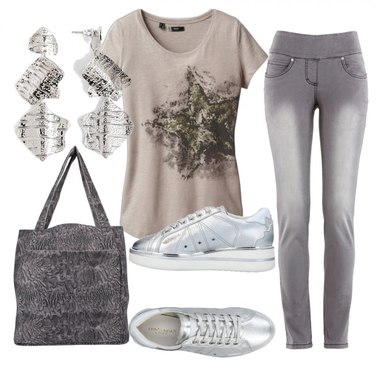 Outfit donna - Sneakers argento. Stile Basic per Tutti i giorni. Abbinamento con jeans slim fit, t-shirt, orecchini, sneakers, borse a mano.