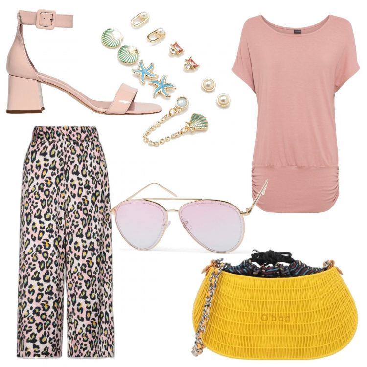 Outfit donna - Total look #1113180. Stile Urban per Tutti i giorni. Abbinamento con maglieria, borse a tracolla, pantaloni, sandali in pelle, orecchini, occhiali da sole.