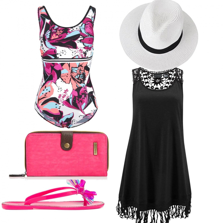 Outfit donna - Vacanza con stile. Stile Chic per Mare. Abbinamento con vestiti da spiaggia, costumi interi, infradito, portafogli, cappelli.