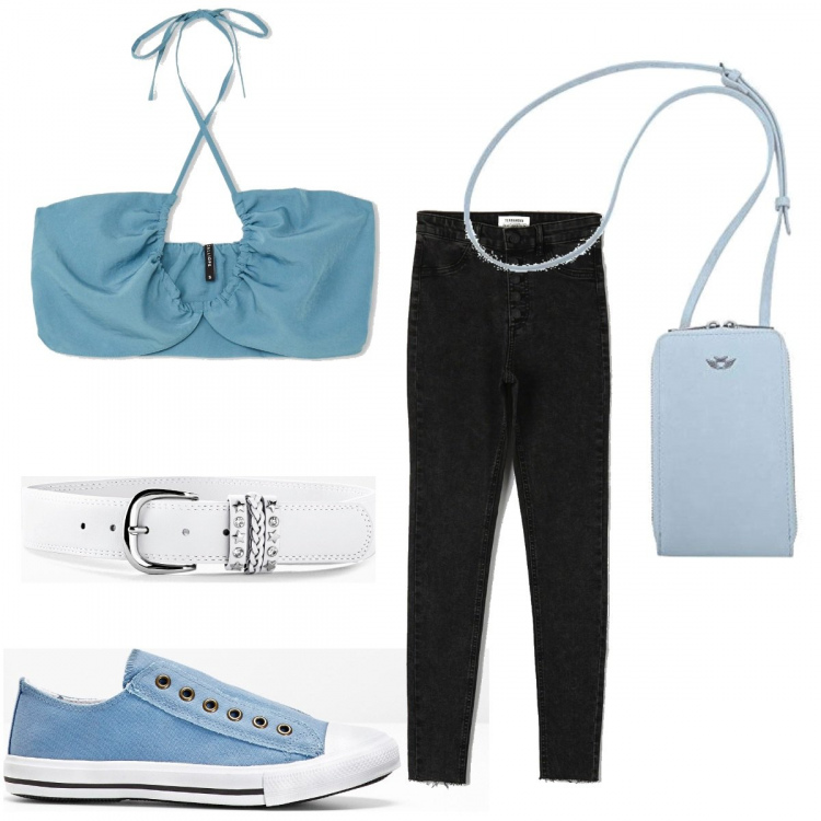 Outfit donna - Il top celeste. Stile Trendy per Tutti i giorni. Abbinamento con cinture, sneakers, jeans skinny, top, borse a tracolla.