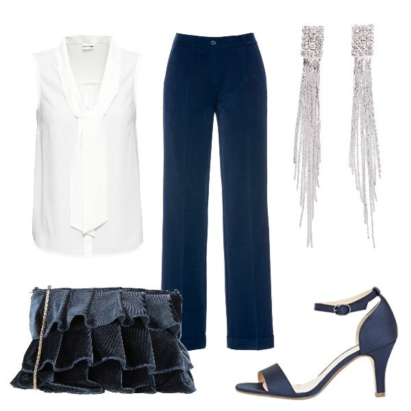 Outfit donna - Total look #1113282. Stile Chic per Serata fuori. Abbinamento con borse a tracolla, pantaloni, camicie, orecchini, sandali col tacco.