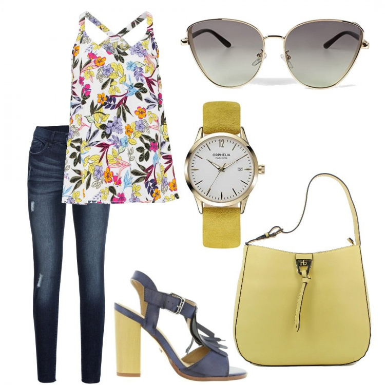 Outfit donna - Fast dressing. Stile Casual per Tutti i giorni. Abbinamento con jeans strappati, top, décolleté, shopping bag, occhiali da sole, orologi.