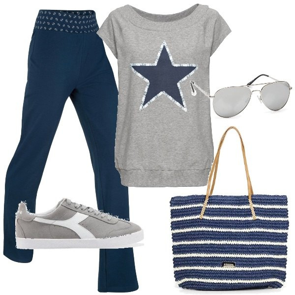 Outfit donna - Plus size basic con la t-shirt. Stile Basic per Tutti i giorni. Abbinamento con t-shirt, pantaloni, sneakers, shopping bag, occhiali da sole.