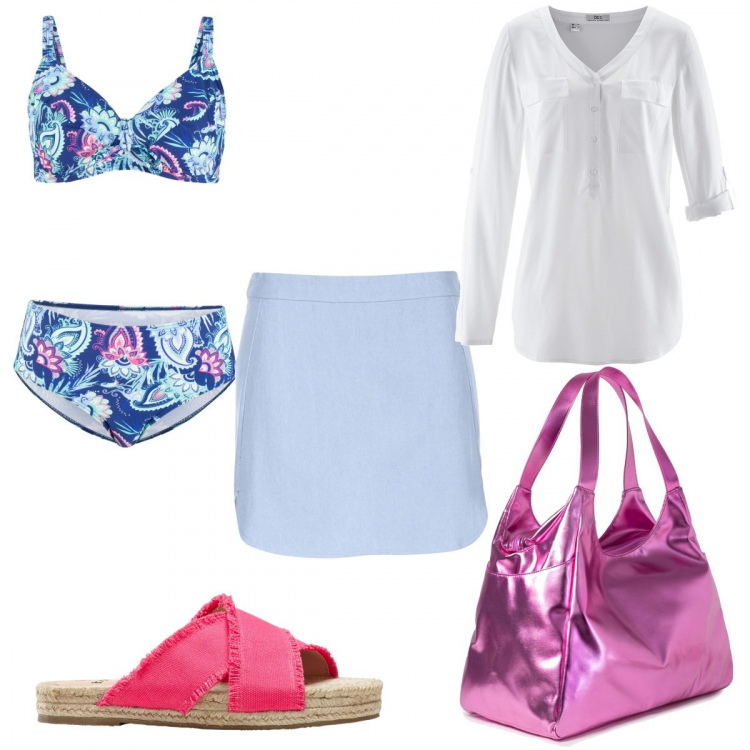 Outfit donna - Passeggiata al mare. Stile Basic per Mare. Abbinamento con bluse, ciabatte, bikini, shopping bag, minigonne.