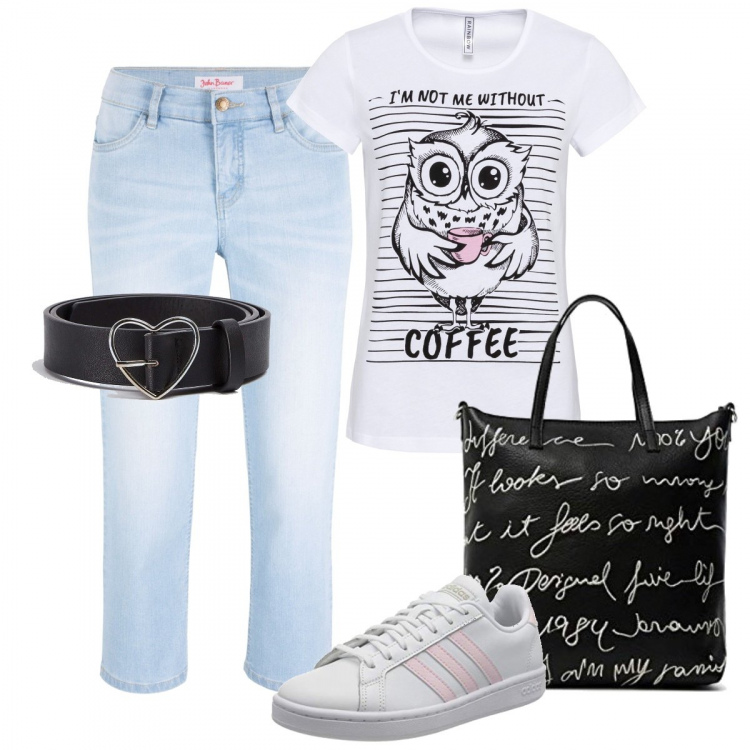 Outfit donna - La t-shirt ironica e comoda. Stile Basic per Tutti i giorni. Abbinamento con t-shirt sportive, jeans dritti, cinture, sneakers, shopping bag.