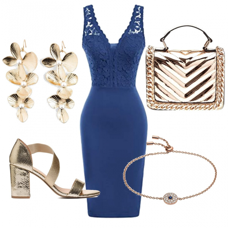 Outfit donna - I sandali oro. Stile Bon Ton per Cerimonia. Abbinamento con orecchini, sandali in pelle, vestiti a tubino, braccialetti, borse a tracolla.