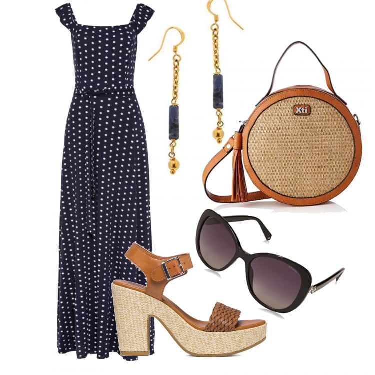 Outfit donna - Aperitivo sulla spiaggia. Stile Bon Ton per Tutti i giorni. Abbinamento con vestiti lunghi, sandali col tacco, borse a tracolla, occhiali da sole, orecchini.