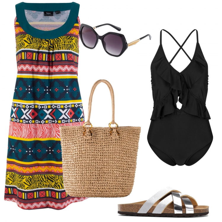 Outfit donna - Il costume coi volant. Stile Basic per Mare. Abbinamento con costumi interi, vestiti, ciabatte, shopping bag, occhiali da sole.