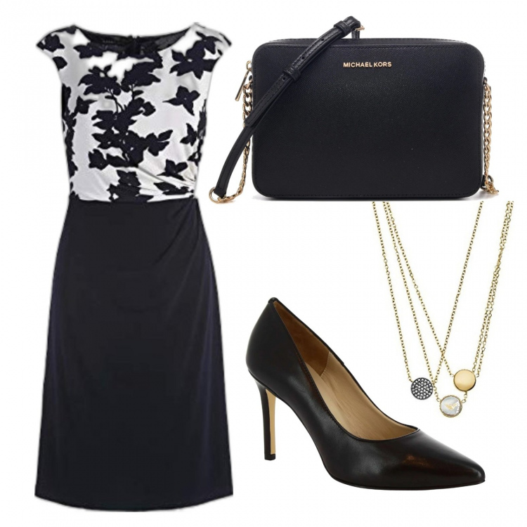 Outfit donna - Bon Ton #13970. Stile Bon Ton per Serata fuori. Abbinamento con décolleté, borse a tracolla, vestiti, collane.