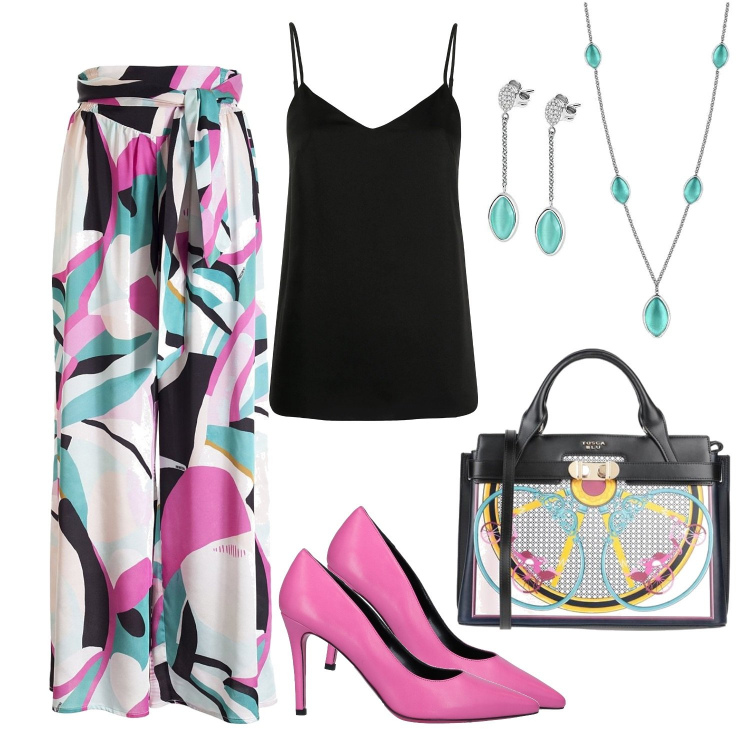 Outfit donna - Total look. Stile Chic per Ufficio. Abbinamento con décolleté, borse a mano, pantaloni a palazzo, top, collane, orecchini.