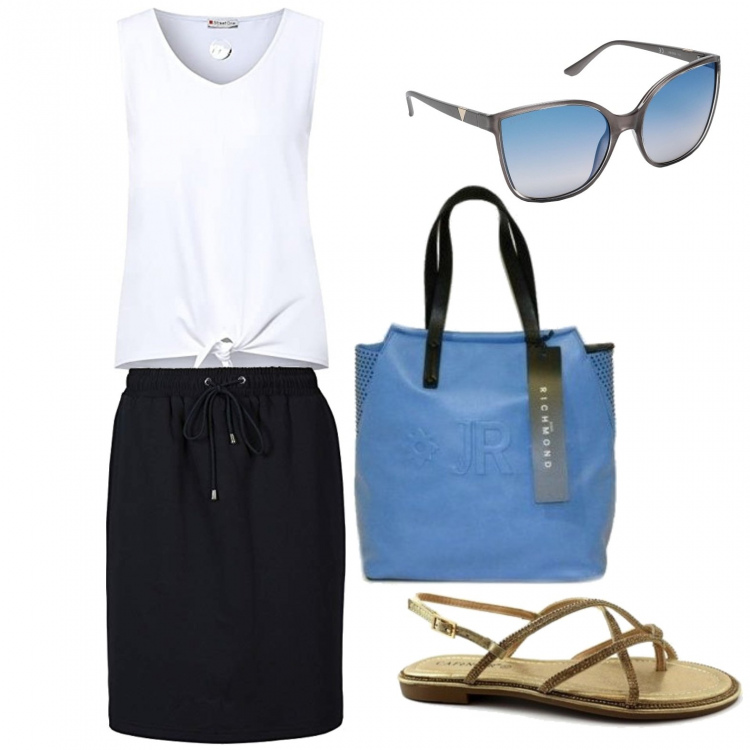 Outfit donna - Casual #3134. Stile Casual per Tutti i giorni. Abbinamento con sandali, borse a mano, occhiali da sole, gonne, t-shirt.