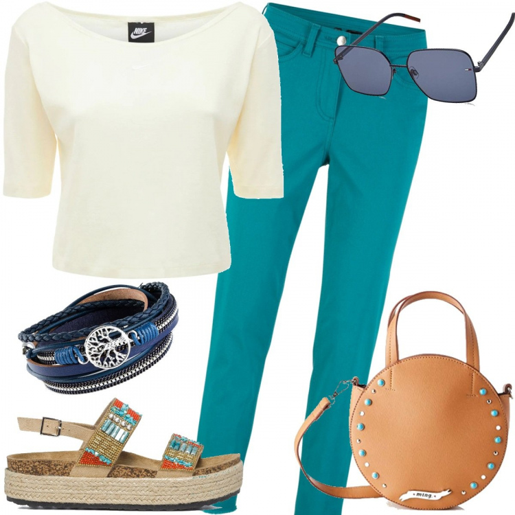 Outfit donna - Basic #27981. Stile Basic per Tutti i giorni. Abbinamento con pantaloni capri, braccialetti, sandali gioiello, borse a tracolla, top, occhiali da sole.