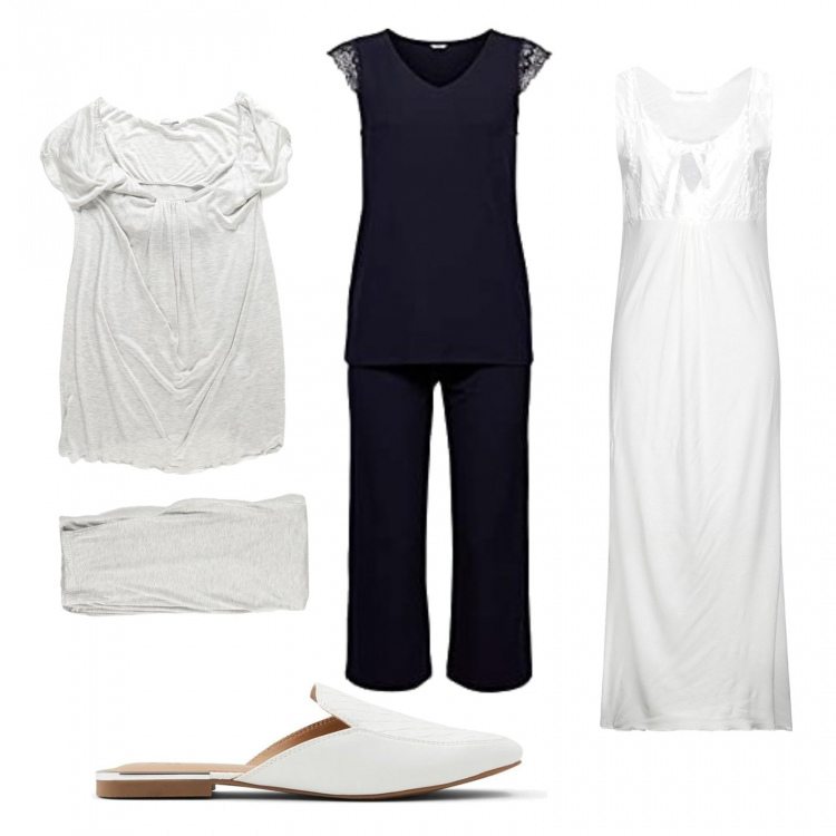 Outfit donna - Bianco e nero per la notte. Stile Romantica Abbinamento con pantofole, pigiama, pigiama, pigiama.