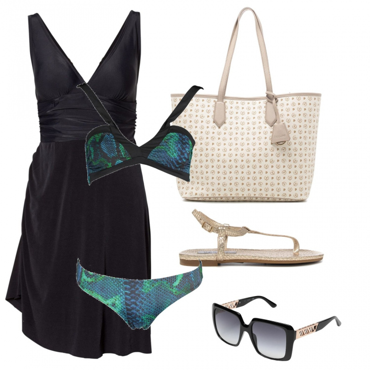 Outfit donna - Chic in spiaggia. Stile Chic per Mare. Abbinamento con vestiti da spiaggia, occhiali da sole, infradito, shopping bag, bikini.