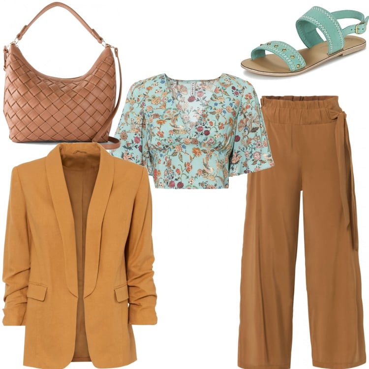 Outfit donna - La blusa corta. Stile Casual chic per Ufficio. Abbinamento con giacche, pantaloni culotte, bluse, shopping bag, sandali.