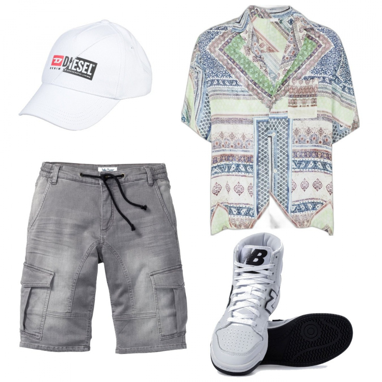 Outfit uomo - Total look #1114239. Stile Trendy per Tutti i giorni. Abbinamento con bermuda, camicie a manica corta, cappelli con visiera, sneakers.