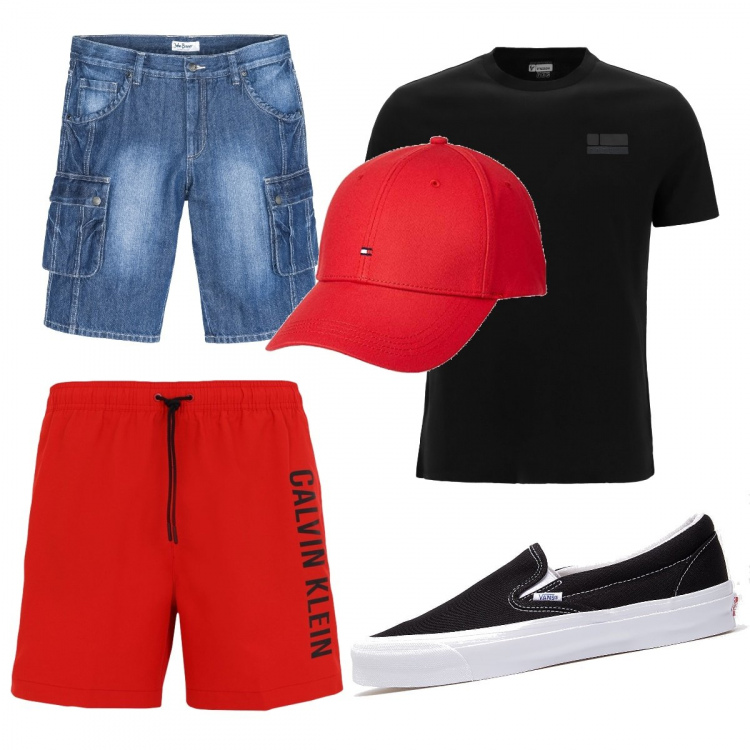 Outfit uomo - Al mare in nero e rosso. Stile Casual per Tutti i giorni. Abbinamento con bermuda, costumi, t-shirt, sneakers, berretti.