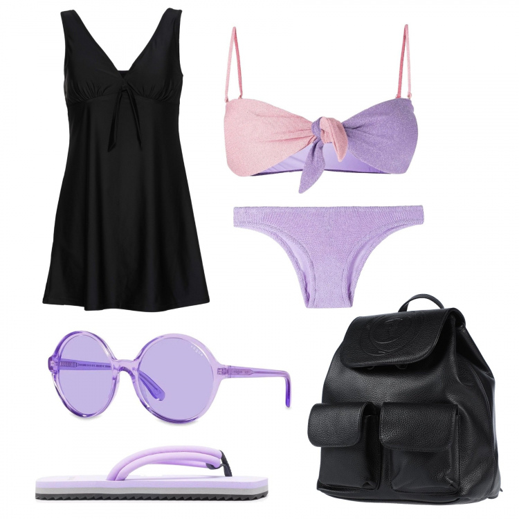 Outfit donna - Coloriamo la spiaggia. Stile Bon Ton per Mare. Abbinamento con vestiti da spiaggia, zaini, bikini, bikini, occhiali da sole, infradito.