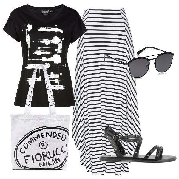 Outfit donna - Plus size a righe. Stile Trendy per Tutti i giorni. Abbinamento con t-shirt, gonne, sandali, borse tote, occhiali da sole.