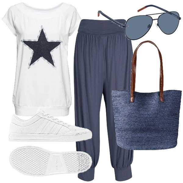 Outfit donna - Plus size sportiva estiva. Stile Sporty chic per Tutti i giorni. Abbinamento con t-shirt, pantaloni, shopping bag, sneakers, occhiali da sole.