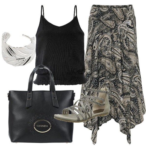 Outfit donna - Plus size shopping day. Stile Trendy per Tutti i giorni. Abbinamento con gonne longuette, top, braccialetti, borse a mano, sandali.