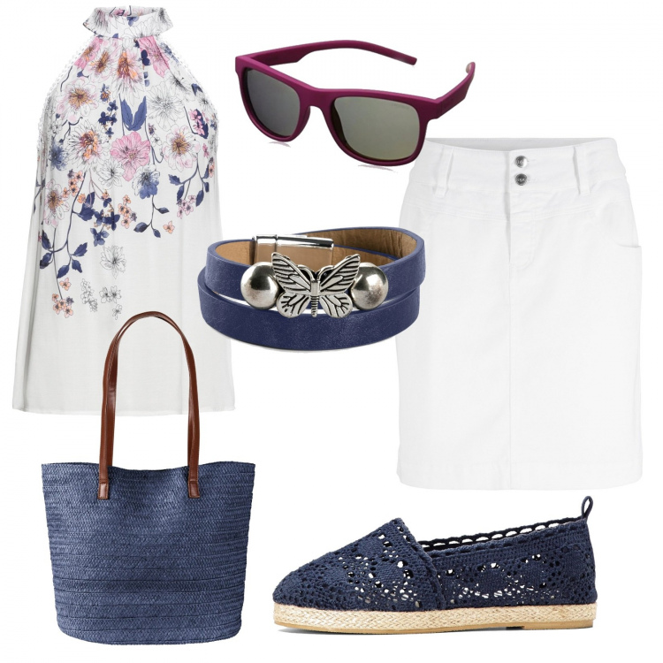 Outfit donna - La maglia romantica. Stile Romantica per Tutti i giorni. Abbinamento con top, minigonne, shopping bag, espadrillas, braccialetti, occhiali da sole.