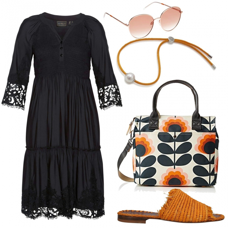 Outfit donna - Abito chemisier in viscosa e pizzo. Stile Trendy per Mare. Abbinamento con vestiti chemisier, sandali in pelle, borse a tracolla, braccialetti, occhiali da sole.