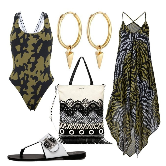 Outfit donna - Buon ferragosto!. Stile Trendy per Mare. Abbinamento con vestiti da spiaggia, costumi interi, sandali, borse a mano, orecchini.