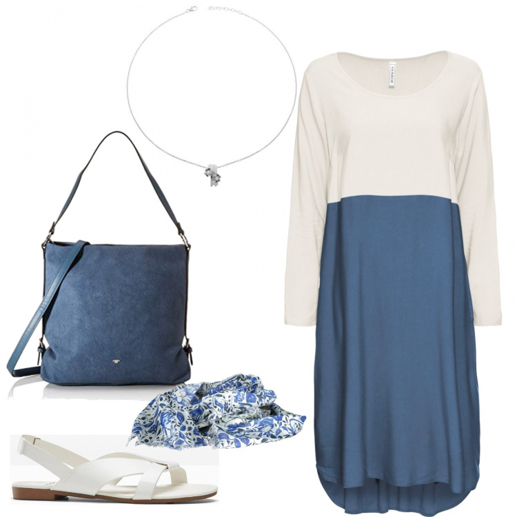 Outfit donna - Abito morbido bianco e blu. Stile Basic per Tutti i giorni. Abbinamento con sandali, vestiti, borse a tracolla, sciarpe, collane.