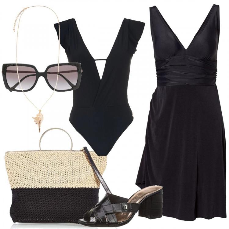 Outfit donna - Chic in spiaggia. Stile Chic per Mare. Abbinamento con vestiti da spiaggia, collane, costumi interi, occhiali da sole, ciabatte, borse a mano.