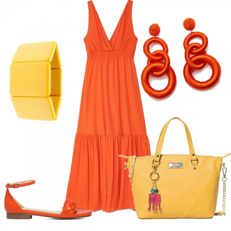Outfit donna - Pittarosso per l’estate. Stile Trendy per Tutti i giorni. look ideale per Petite. Abbinamento con braccialetti, vestiti lunghi, orecchini, sandali in pelle, borse a tracolla.