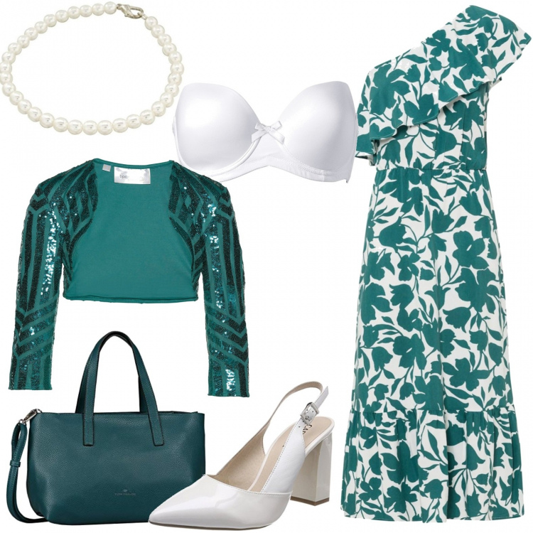 Outfit donna - Cerimonia di fine estate. Stile Romantica per Cerimonia. Abbinamento con reggiseni, vestiti asimmetrici, bolero, sandali, borse tote, braccialetti.