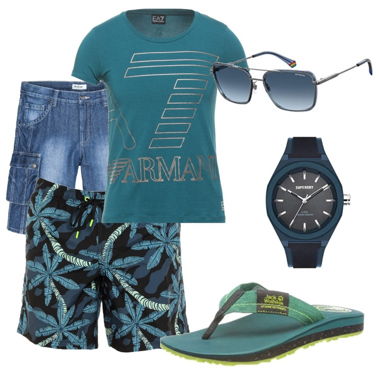 Outfit uomo - Domenica al mare. Stile Trendy per Mare. Abbinamento con bermuda, costumi, t-shirt, occhiali da sole, sandali, orologi analogici.