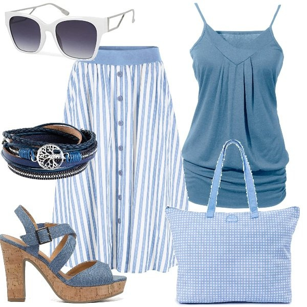 Outfit donna - Estate a tacchi alti. Stile Trendy per Tutti i giorni. Abbinamento con top, gonne, braccialetti, shopping bag, sandali col tacco, occhiali da sole.