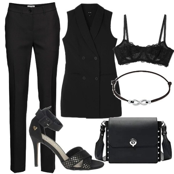 Outfit donna - Serata rock low cost. Stile Rock per Serata fuori. Abbinamento con pantaloni, sandali, gilet, reggiseni a balconcino, braccialetti, borse a tracolla.
