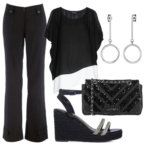 Outfit donna - Serata curvy glam low cost. Stile Glamour per Serata fuori. Abbinamento con pantaloni, tuniche, borse a tracolla, sandali gioiello, orecchini.