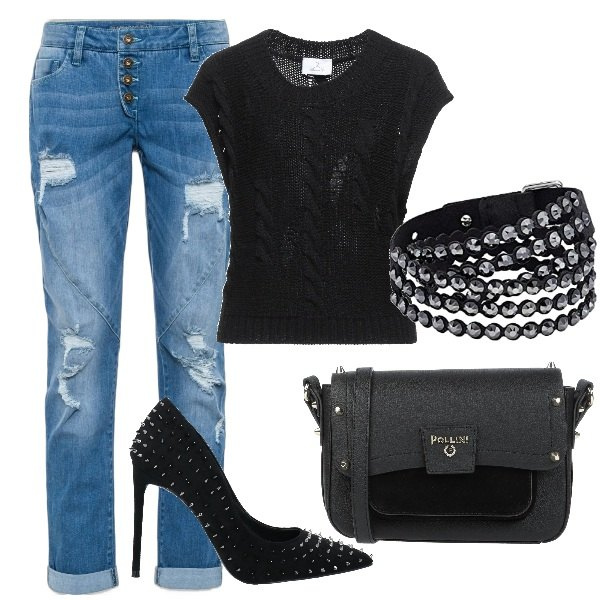 Outfit donna - L\'aperitivo cool dell\'estate. Stile Trendy per Serata fuori. Abbinamento con jeans boyfriend, pullovers, borse a tracolla, décolleté, braccialetti.