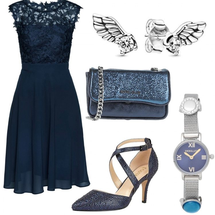 Outfit donna - Total look #1115449. Stile Romantica per Cerimonia. Abbinamento con vestiti corti, borse a tracolla, orologi, scarpe col tacco, orecchini.