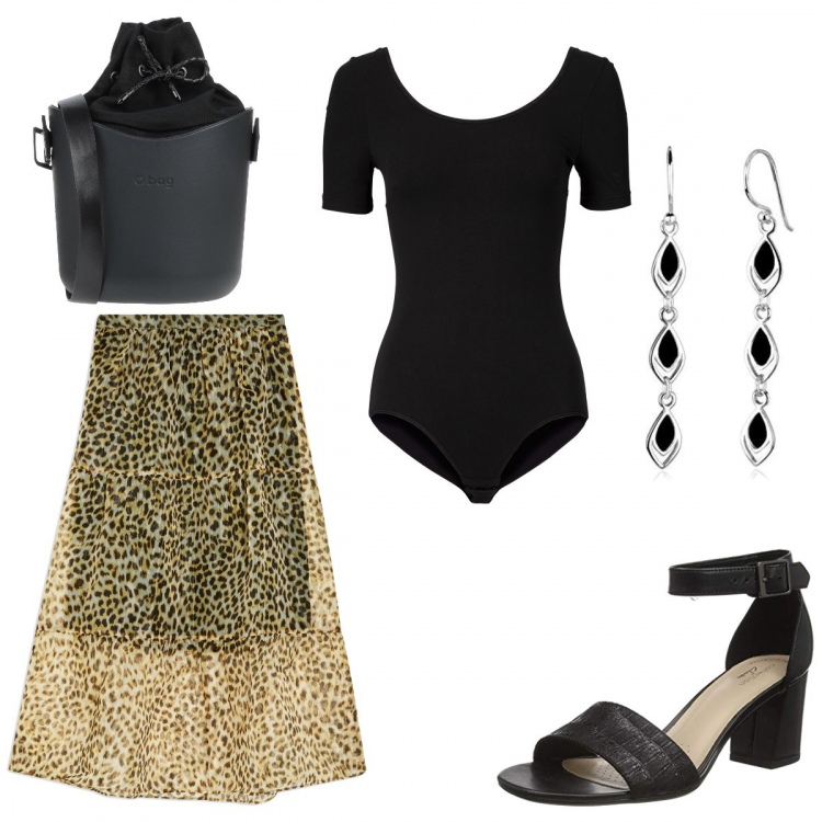 Outfit donna - #Stefania. Stile Basic per Tutti i giorni. Abbinamento con body, gonne longuette, borse a tracolla, décolleté, orecchini.